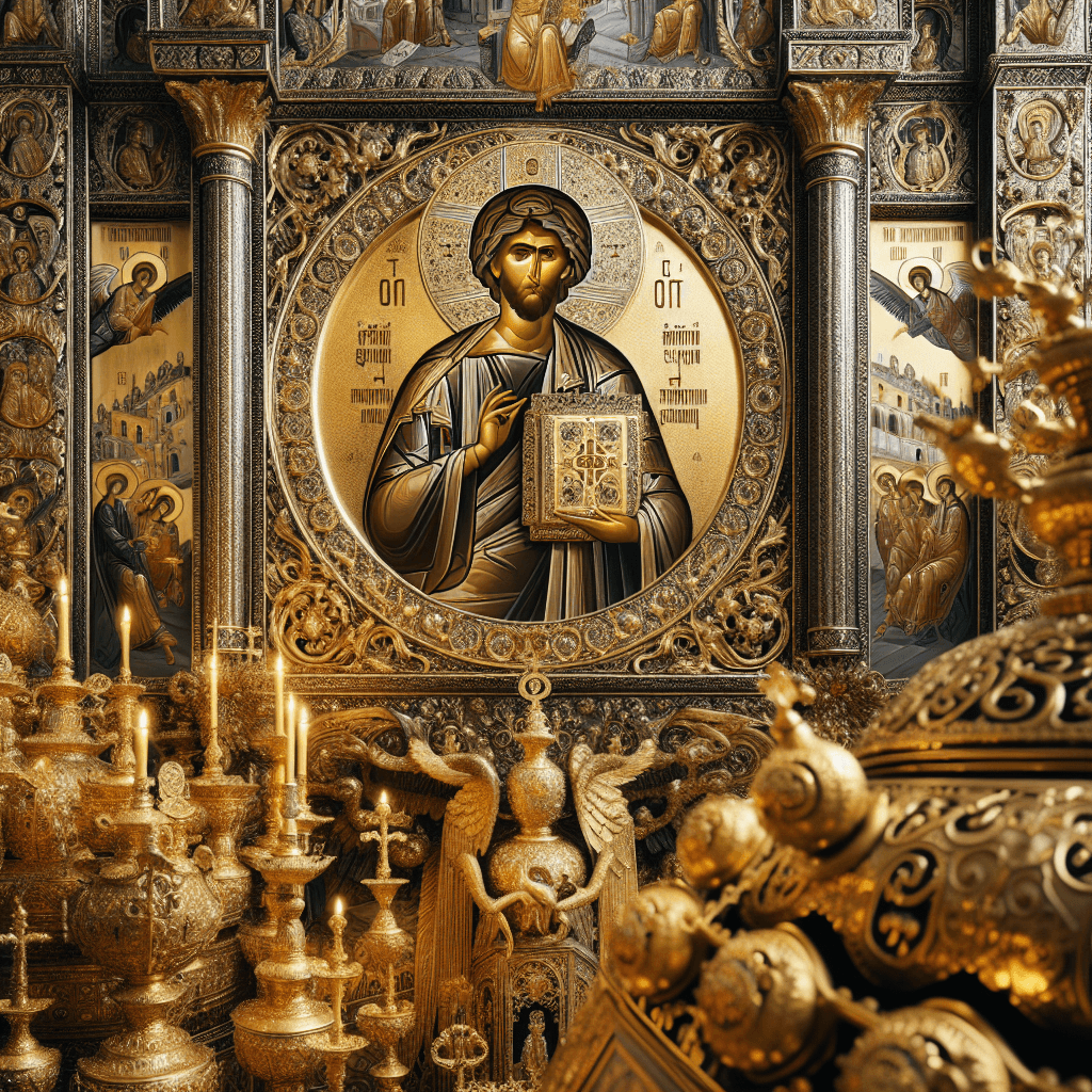 A detailed image showcasing the richness of Byzantine Art, displaying several elements it is renowned for: gold, unique icons, and spiritual symbolism. The image foreground consists of a gilded icon with meticulous details, perhaps a saint or an angelic figure. The backdrop is an ornately decorated wall with religious art, infused with spiritual meaning. The environment vibrates with the lustrous golden hues typical of Byzantine art and oozes spirituality and deep-rooted tradition. Evoking the unique aesthetics of the era, the overall atmosphere of the image conveys the solemnity and grandeur of religious ceremonies from the Byzantine Empire.