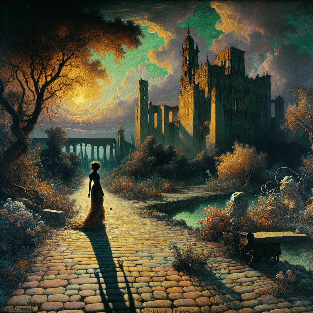 Translate this into English: Simbolismo in Art: Dreams and Mysteries of Decadent Europe. It represents an era when symbolism was dominant. Think of a dreamlike landscape with an air of mystery. The landscape may include hints of Europe's decadence with perhaps, an abandoned castle, overgrown with flora, under a twilight sky. The foreground could have an elegant figure, casting a long shadow across the cobblestones, hinting at the conscious and subconscious themes deeply associated with Symbolism. A palette rich in deep, moody colors would suit the mood.