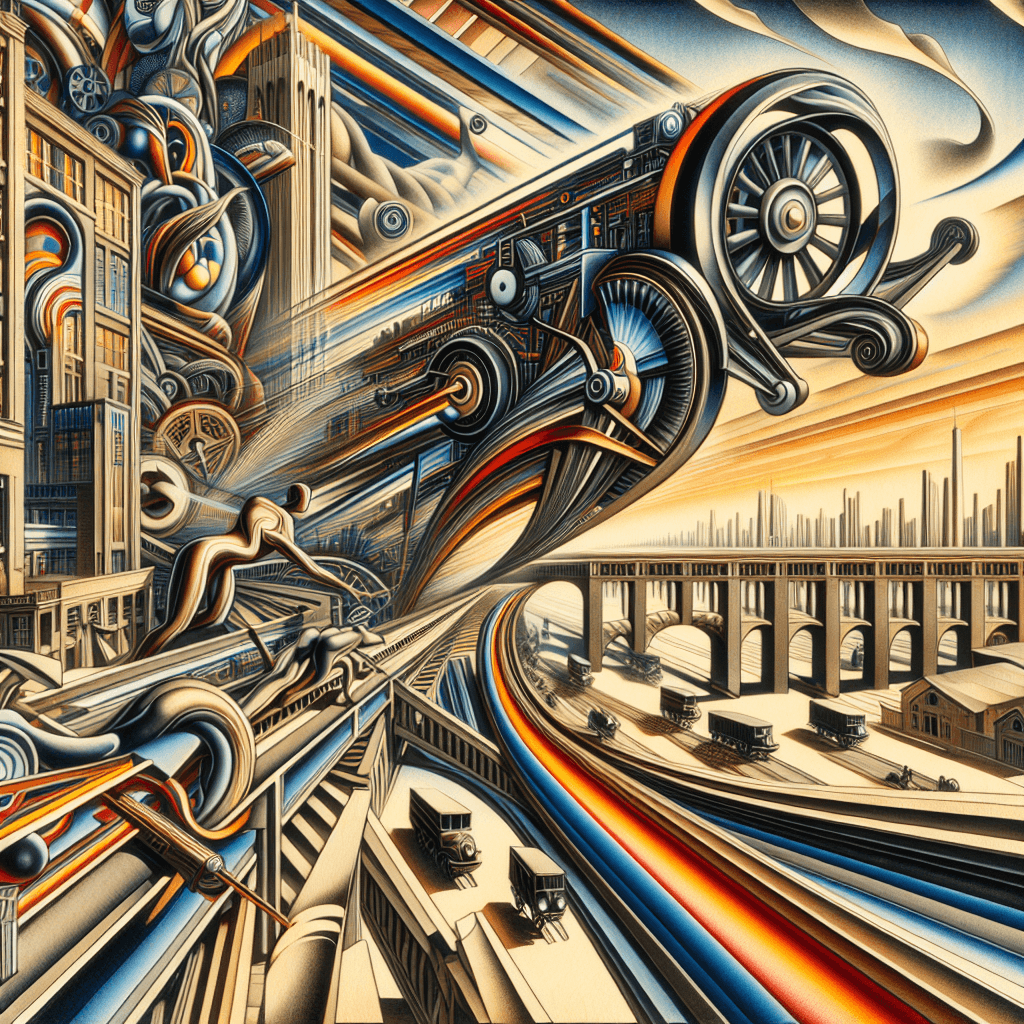 A highly detailed image that captures the essence of the Italian Futurism movement showcasing its origins, art, and societal impact. The scene presents dynamic and forceful, mechanical forms and urban landscapes, reminiscent of the early 20th century, to emphasize the movement's fascination with speed, technology, and industrial development. There should also be components illustrating the artistic innovation and social upheaval brought by this movement, using vibrant, angular designs to connote its disruptive and progressive nature. Create this in the style of a classic painting to preserve the artistic integrity.