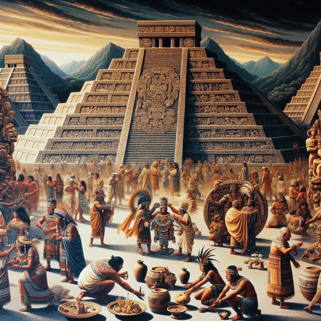 An elaborate representation of Pre-Columbian art showcasing the beauty and rituals. Depict a detailed scene of a Mesoamerican pyramid with ornate engravings overshadowed by a dramatic sky. Include indigenous people of varied descents such as South Asian, Black and Caucasian involved in ceremonial activities like dance, chanting and offering. Their attire should reflect ancient, traditional costumes. In the foreground, add artifacts like pottery, gold jewelry, and sculpted stone figures. This portrayal should fully encapsulate the richness, aesthetic appeal, and ceremonial significance of Pre-Columbian art.