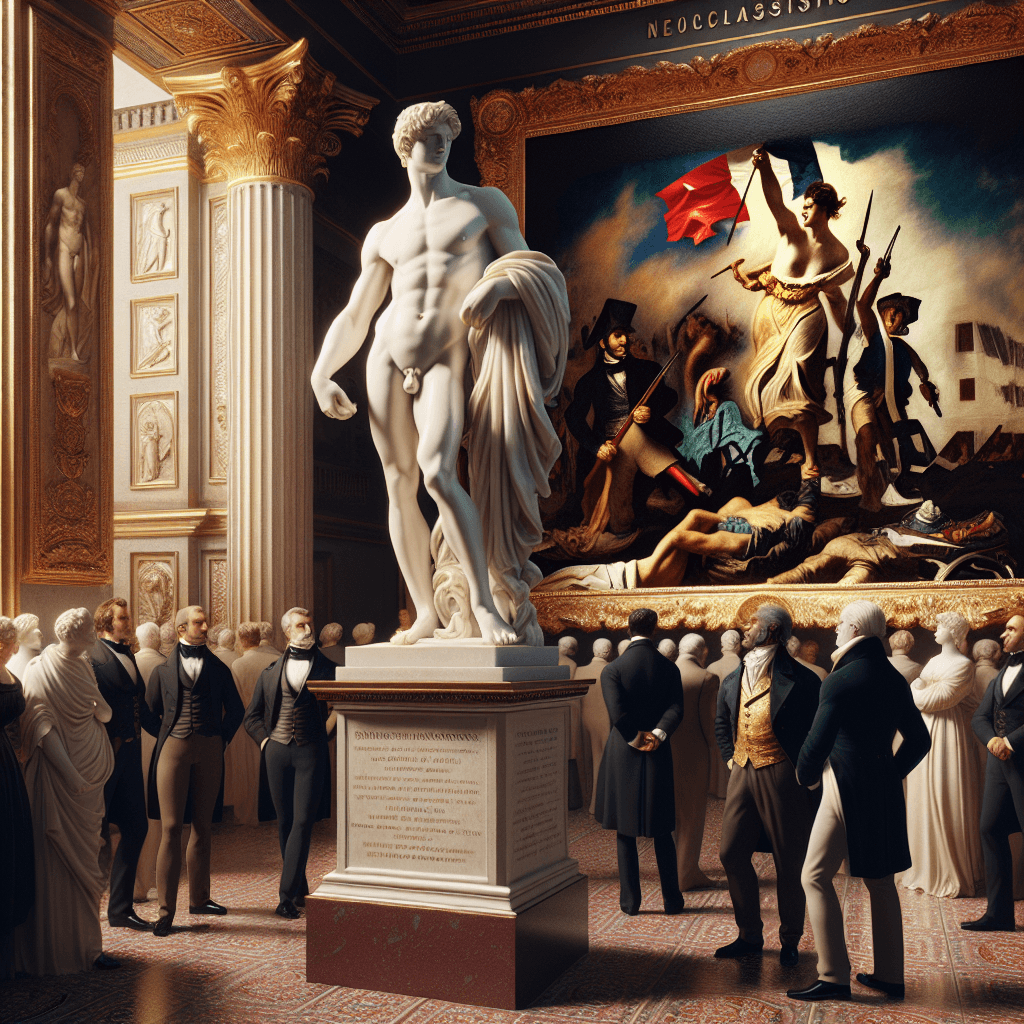 A dignified image illustrating Neoclassicism, featuring a polished marble sculpture characteristic of Canova's work, a painting evocative of David's style with its focus on historical detail and patriotic fervor, and symbolic elements that hint at the revolutionary politics of the time. The marble sculpture and painting are laid out in an opulent gallery, brilliantly lit, with regal draperies in the background. Perhaps a few spectators, both male and female, with diverse descents such as Caucasian, Black, and Middle-Eastern, are present, appreciating the art in quiet contemplation.