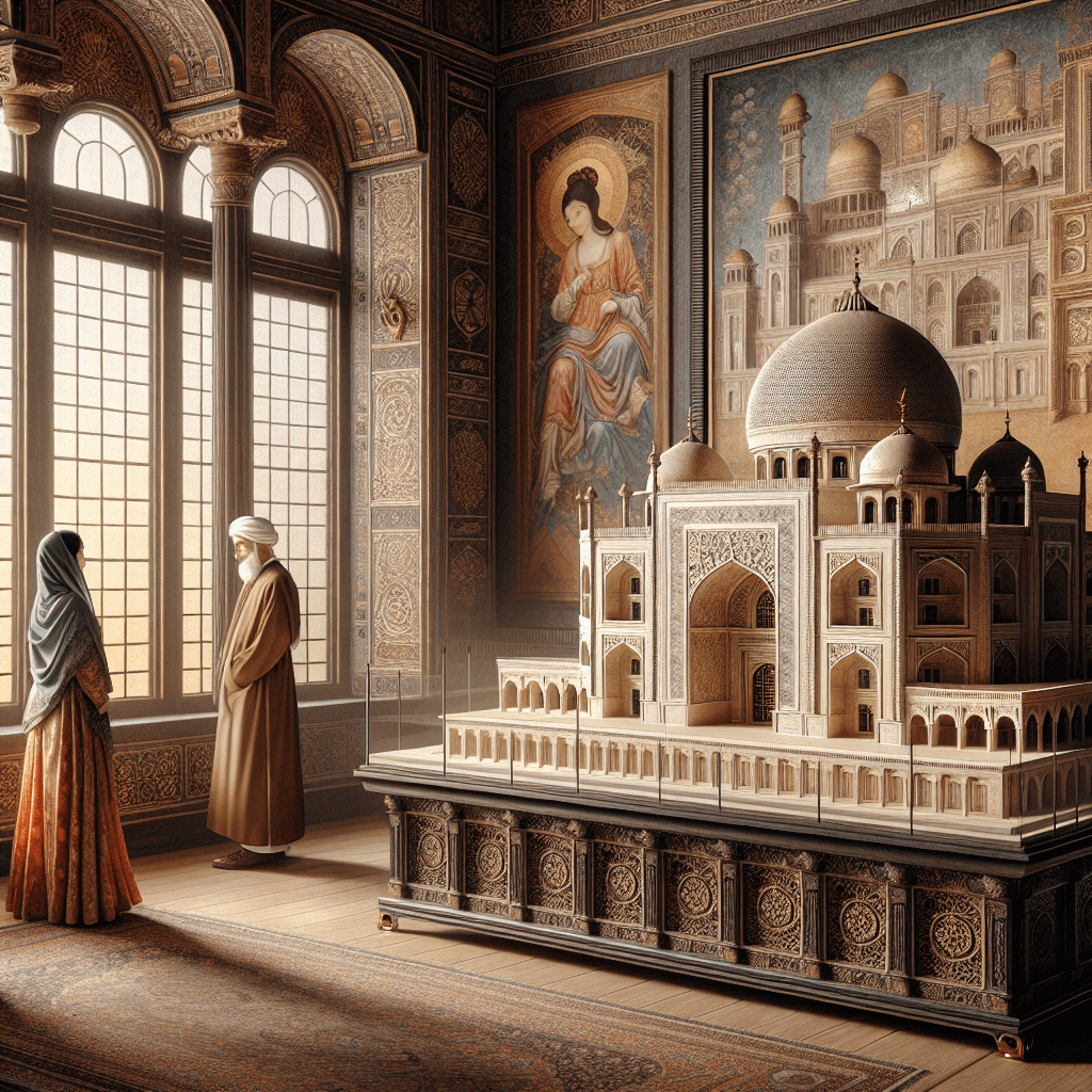An intricately detailed and visually captivating image showcasing Renaissance Art aesthetics defining beauty. Depict a serene scene, capturing the essence of humanism, symmetry, balance and realism that characterized the period. Inside an elegantly adorned room, an Asian woman and a Middle-Eastern man are admiring an architectural model of an iconic Renaissance building, detailed with domes, arches, and pilasters. The walls are adorned with frescoes demonstrating the fine artistry of the time. A massive window lets soft, warm sunlight filter in, casting long shadows and enhancing the texture of the artifacts.