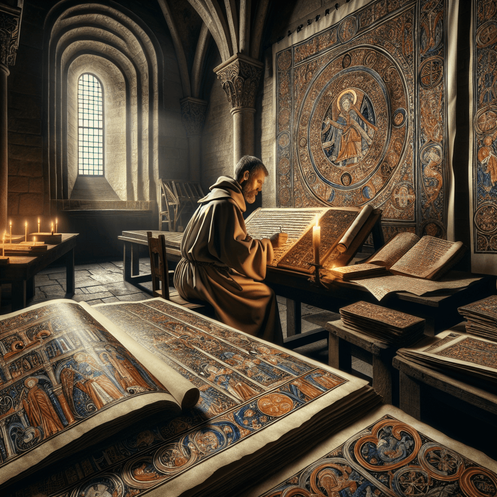 A stunning and detailed depiction of medieval monastic life focused on the arts. The imagery includes meticulously executed illuminations and elaborately inscribed codices. It captures a monk, Caucasian and male, seated at a wooden table tirelessly working on an illuminated manuscript under the faint glow of a candle. Elaborate motifs and ornate illustrations, typical of the era and genre, cover various parchments scattered about. An open codex rests on an adjacent table, revealing an intricate scene unfolding across its large page. The surroundings are of a tranquil monastery setting, specifically the scriptorium, with high stone walls, arched windows, and bare wooden furnishings.