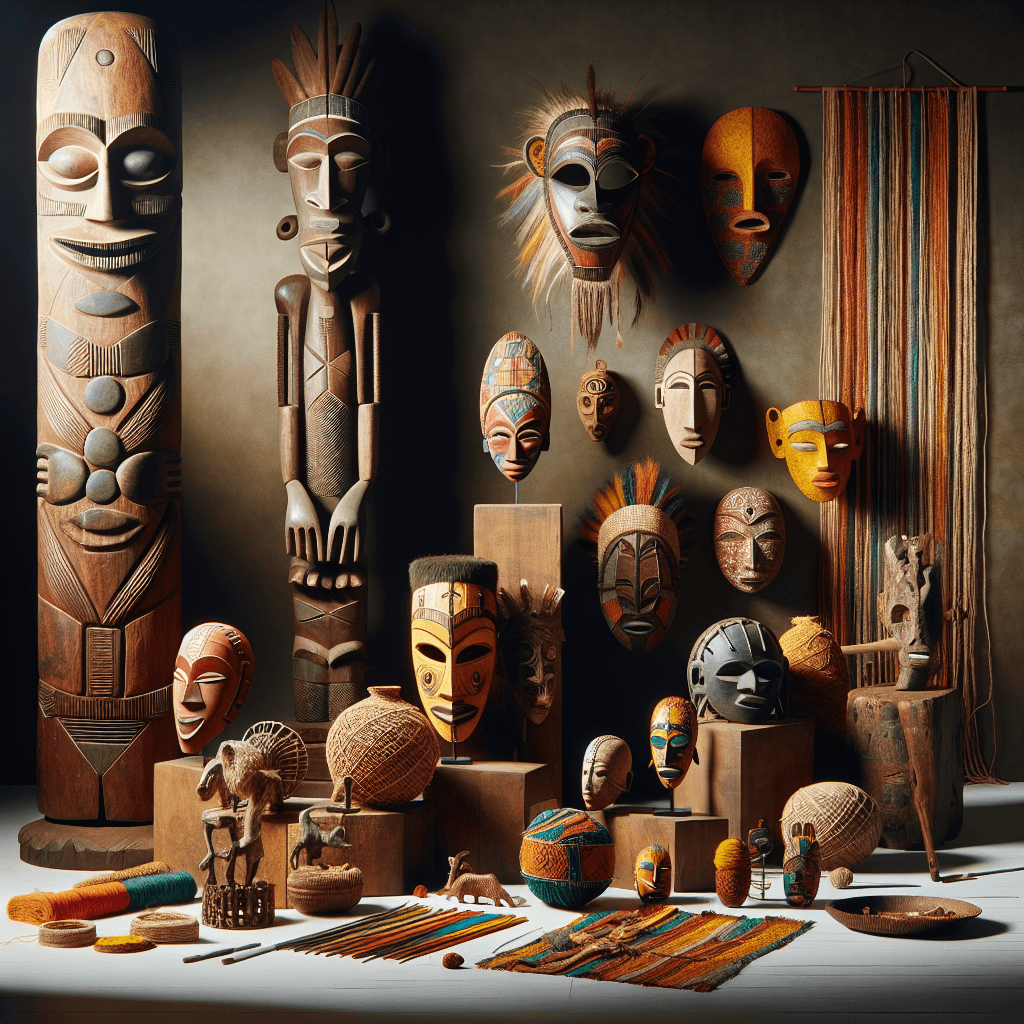 A traditional African art scene showcasing totems, masks, and materials. In the foreground, the intricately carved wooden totem stands tall, symbolically decorated and authentic. Beside it are a variety of colorful, expressive African masks demonstrating diverse tribal styles, with intricate details reflecting the regions' respective stories and beliefs. In the background, materials used in the creation of these artifacts are scattered, including tropical hardwoods, fabrics, and brightly colored pigments. Make the display vivid and realistic, reflecting the richness of African cultures and their traditional artistry.