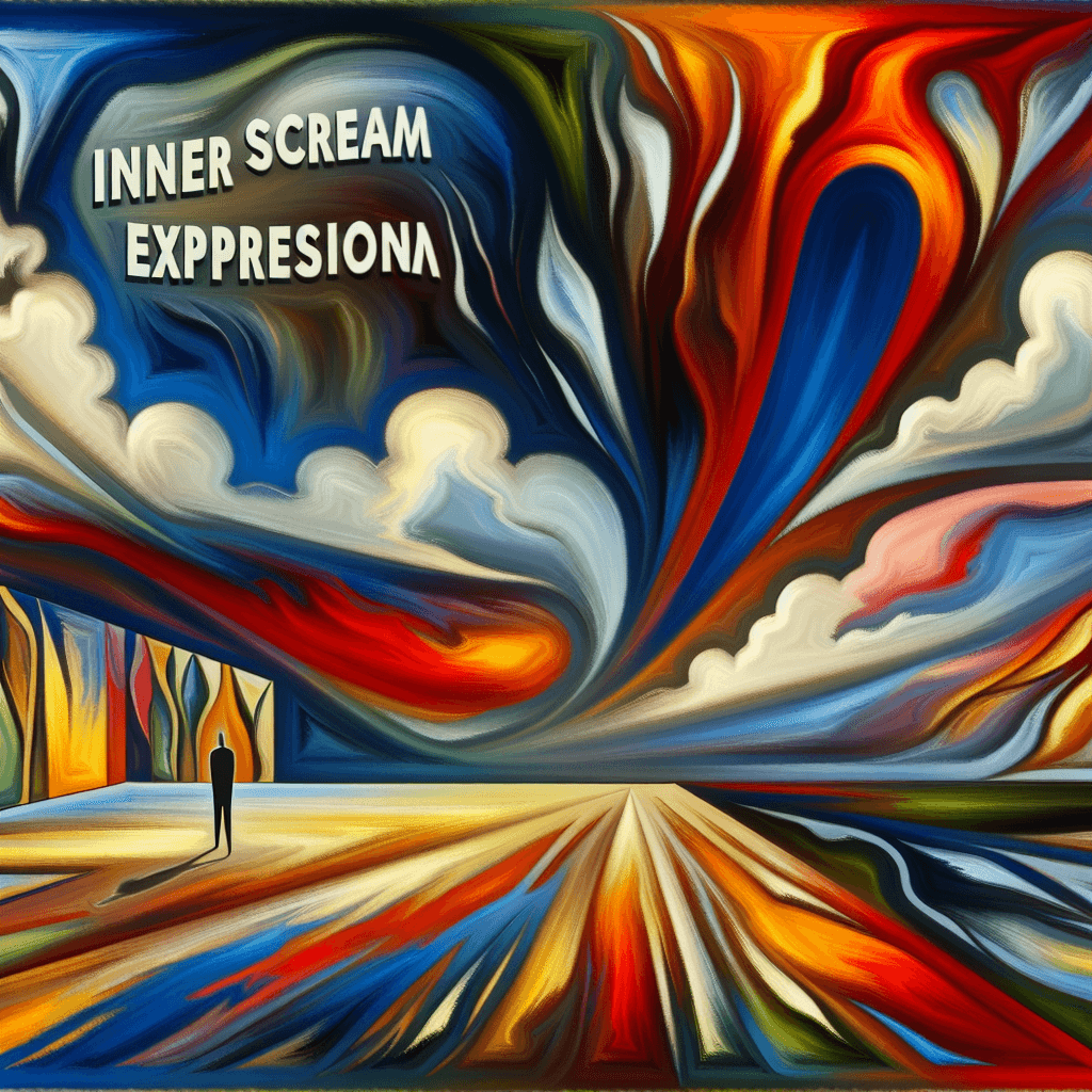 An illustration depicting the concept of 'Expressionism', the artistic movement that often emphasized raw, emotional impact over realistic representation. This can be visualized as an abstract landscape, featuring bold, exaggerated forms and contrasting, vibrant colors. The focus of the image is the symbolic representation of 'inner scream' that resonates today, which could manifest as a lone figure standing in the middle of the scene, expressing an outpouring of intense emotion. Remember to highlight the distorted perspective and dramatic exaggeration often associated with this movement.