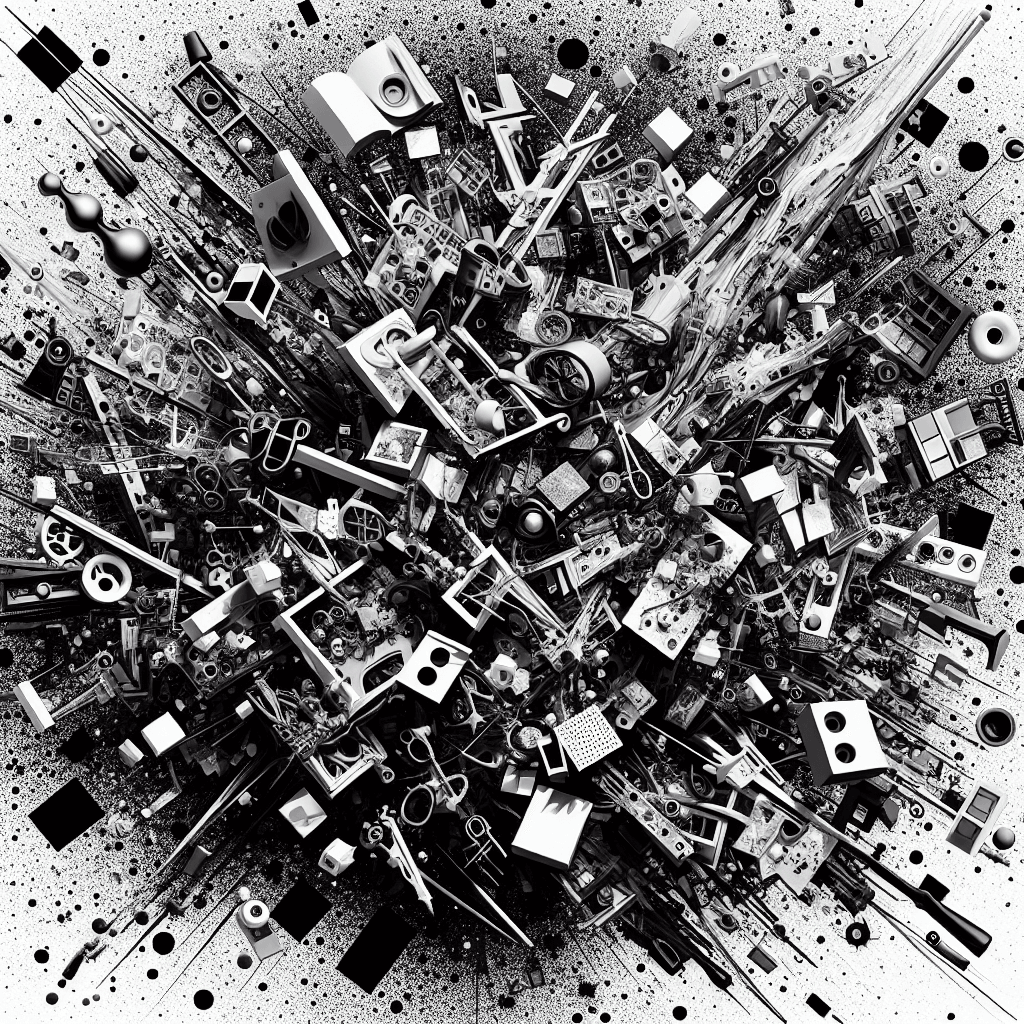 A high resolution image that visually illustrates the concept of Dadaism. This should be represented by an array of seemingly nonsensical objects strewn across the picture in a seemingly disorganized fashion, yet holding a hidden, profound meaning in its entirety. An abstract representation of the revolutionary changes brought about by the Dadaist movement in the art world is also recommended. Main color scheme should be black and white with splashes of bold random colors to highlight the chaos. Note that the style should be reminiscent of the art era pre-1912, abstract expressionism, and should not violate any copyright laws.