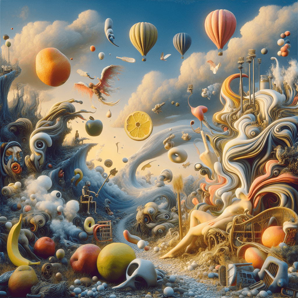 A high-quality image encapsulating the surrealism movement. The scene includes strange juxtapositions and dreamlike features, presenting an impossible scenario. Elements from nature are contorted and personified, while everyday objects are distorted in a way that challenges the laws of physics, echoing the visually unexpected and fantastical style of artists from the early 20th century. Incorporate soft and dreamy shades of color throughout, capturing the essence of a conglomerate that includes unique artistic approaches akin to those of Dali and Magritte, but not directly referencing or replicating their work. Create this image using a digital medium, reminiscent of early 20th-century oil painting techniques.