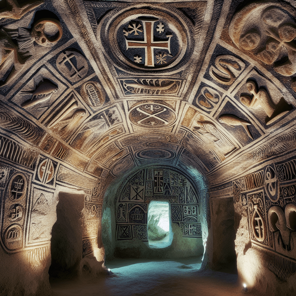 An opulent and intricately decorated catacomb from the early Christian (Paleochristian) era. The interior walls abound with symbolic murals, reliefs, and engravings. Among these representations, Christian symbols like the cross, fish, and Alpha & Omega stand out, seemingly telling stories of faith and hope. Patches of light filter through cracks, illuminating parts of the ancient underground burial space, casting an ethereal glow on these secret symbols. Ideally, the art should seem to merge from the coarse stone walls as a testament to the endurance and dedication of the artists, and the secret faith that spurred their art.