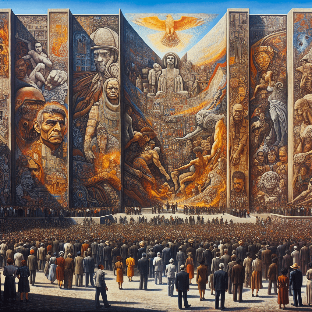 A vivid, detailed image representing art and politics in the 20th century focusing on the symbolism of murals and persistence. The scene showcases a large, imposing wall transformed into a canvas of expression, with murals depicting stories of struggle, resilience, societal values and change. The mural art carries predominately abstract elements with bold colors and strong lines reflecting influences from the earthen, monumental character of ancient frescoes. The bustling surroundings and onlookers of diverse genders, races, and ages, observing this spectacular spectacle, complete this vivid tableau of the 20th century.