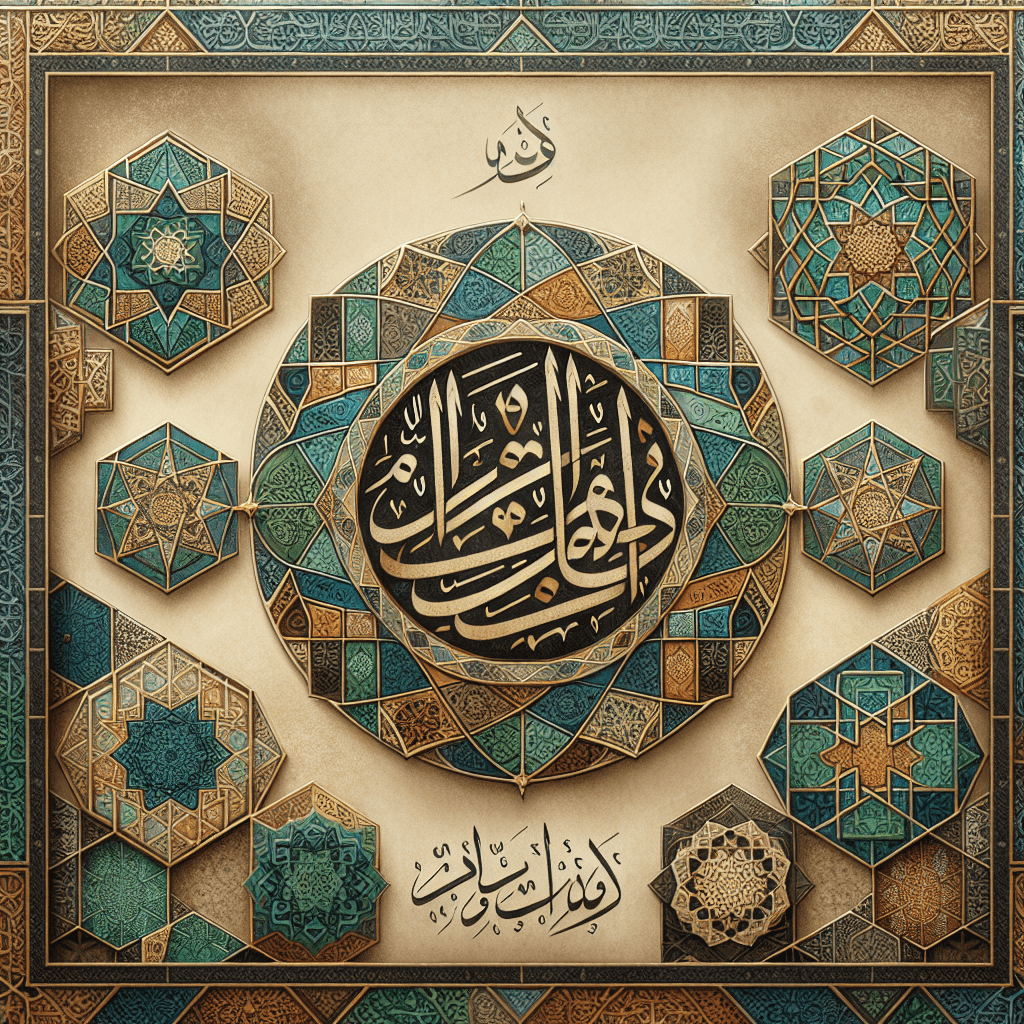 A visually captivating scene that showcases the beauty and complexity of Islamic art. At the heart of the image, there's an intricate piece of calligraphy written in Arabic, which translates to 'Peace and Harmony'. Surrounding this primary element are various geometric patterns renowned in Islamic designs, including interlacing stars, polygons, and floral motifs. These elaborate designs are rendered in aesthetic pleasing hues such as turquoise, gold, and deep blue, and they complement each other harmoniously. The background features a subdued parchment-like texture, giving an overall antique and historical look to the composition.