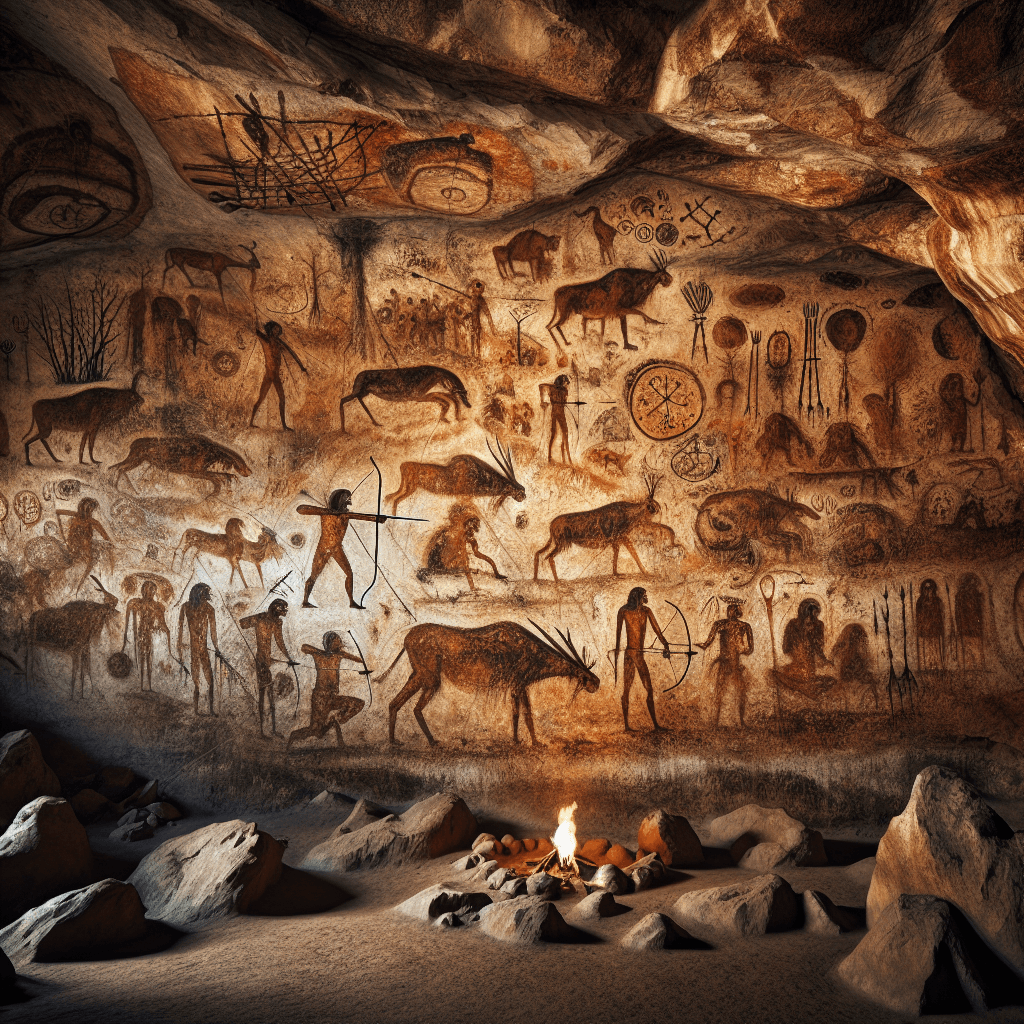 An intricate yet ancient depiction of hunting and rituals in a cavern setting. The cave walls are covered with natural pigments in earth tones, illustrating scenes of hunters in pursuit of wild beasts using bow and arrows. There are depictions of ancient rituals, with humans standing around a fire, possibly dancing or paying homage. Tools and symbols from the era add to the authenticity of the image. The dim lighting enhances the mystery and age-old atmosphere of the space. This image encapsulates the essence of prehistoric rock art.