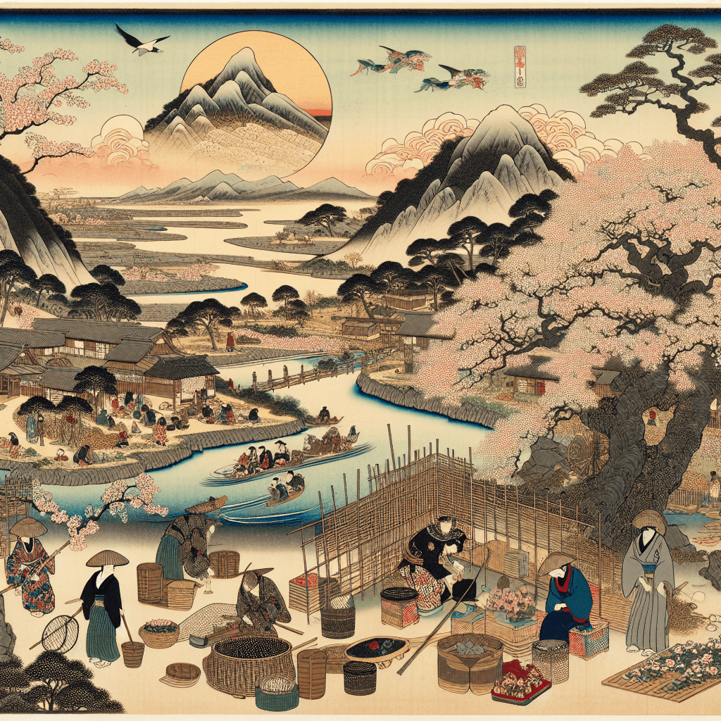 An exquisite representation of Ukiyo-e, a traditional Japanese art form, featuring unique prints and landscapes. Visualize an intricate woodblock print embodying the iconic characteristics of this art form: elaborate line work, soft color palette, and complex composition. There is a stunning depiction of a rural landscape with rolling hills, cherry blossom trees in full bloom, and a meandering river. The foreground illustrates daily life in a small village, with diverse individuals engaged in activities typical of the Edo period: a South Asian fisherman meticulously casting his net, a Middle-Eastern farmer laboring in the field, and a Black tea merchant at her roadside stall with patrons.