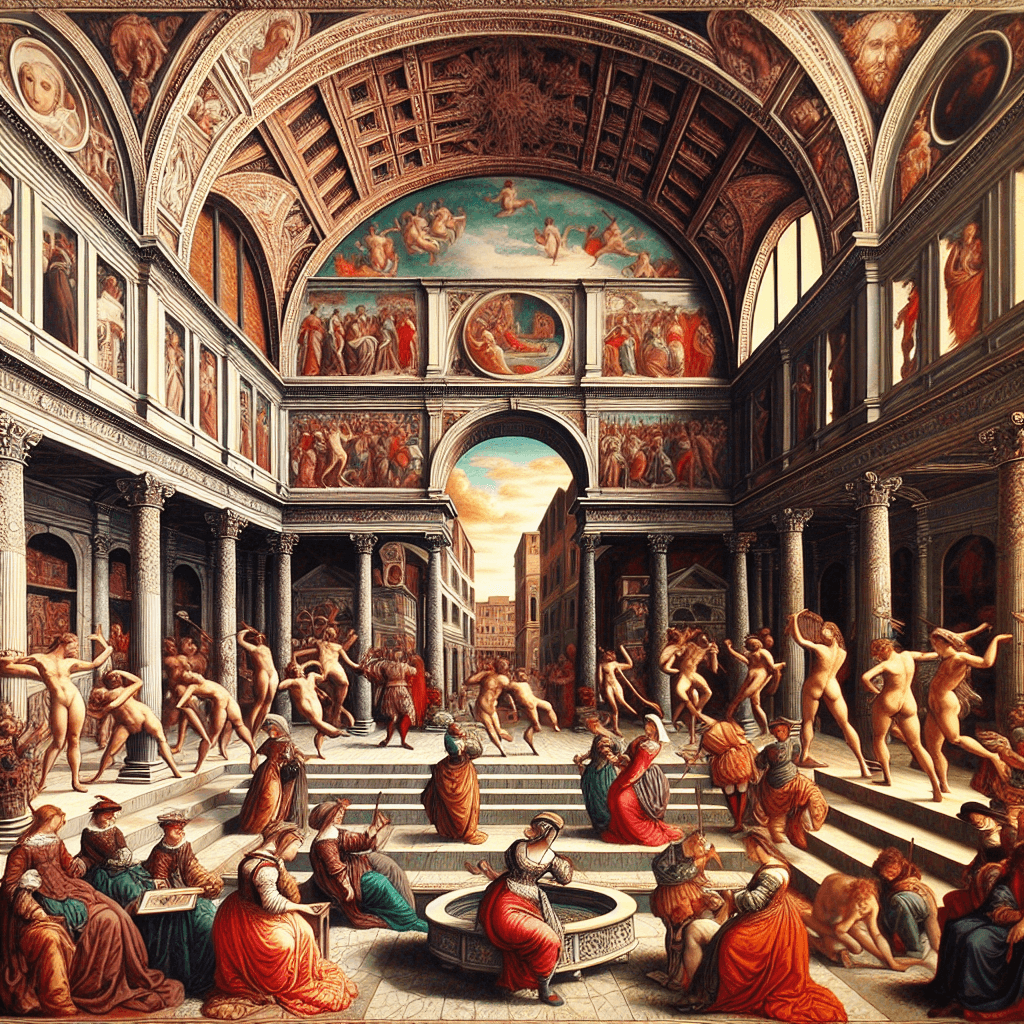 A detailed and vibrant scene capturing the essence of Mannerism, the dramatic pinnacle of the Renaissance. The scene focuses on an Italian courtyard, where various artists display their exaggerated yet graceful poses, showcasing their understanding of human form. Intricate architectural elements around, infused with a rich palette of bold colors. The picture should exude a sense of artificiality and a departure from the balanced compositions and rational approach to human figures found in High Renaissance. An element of theatrical undertone should define the image.