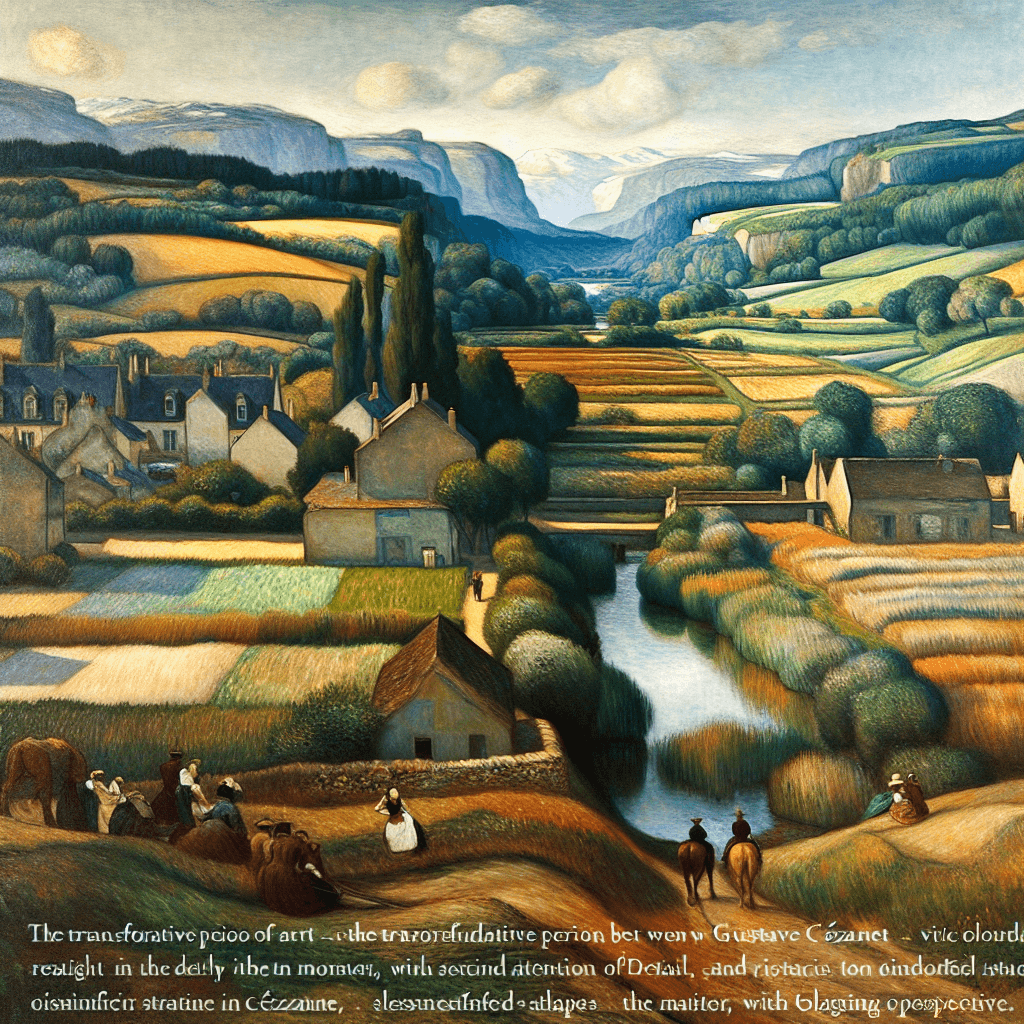 Visual depiction of a scene representing the transformative period of art between the era of Gustave Courbet and Paul Cézanne. This image captures the essence of this revolutionary period in painting, showing a transition from the vivid realism of Courbet with strong, bold, and dark colors, significant attention to detail, emphasising rural landscapes to the distinct style of Cézanne marked by subdued, earthy colours, less defined shapes in the manner of post-impressionism, with overlapping perspectives. Please represent these styles in a single landscape, using oil painting as the primary medium.