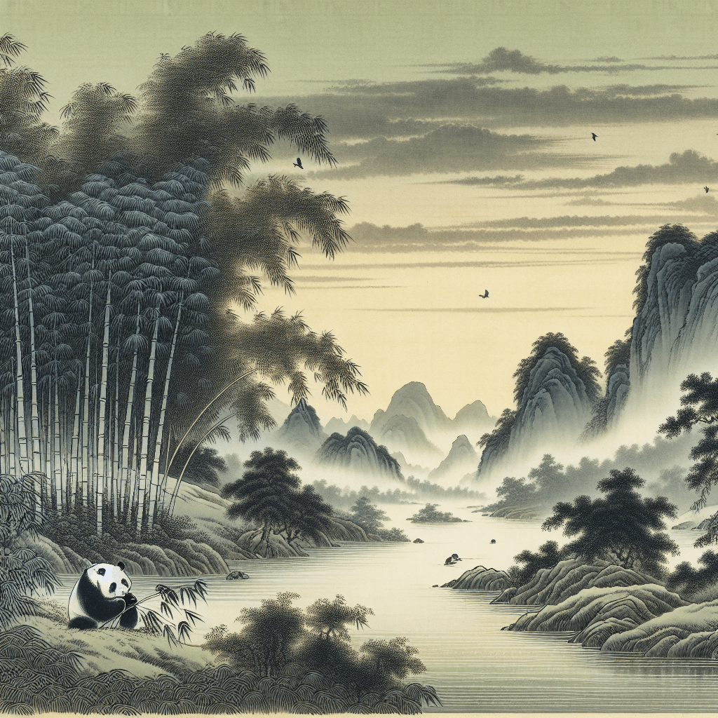 A serene panorama portraying the essence of traditional Chinese painting: art, ink, and nature. The scene showcases a dense, verdant bamboo forest near a flowing river, under the calming soft gradients of an evening sky. In the foreground, an animal common to the region, like the panda, is tranquilly chewing on bamboo leaves. The use of ink lines with varying tonal values captures the depth and structure of the scene, embodying the core elements of Chinese brushwork. Delicate, misty mountains rise up in the distance, creating a sense of tranquility and harmony with nature typical in traditional Chinese aesthetics.