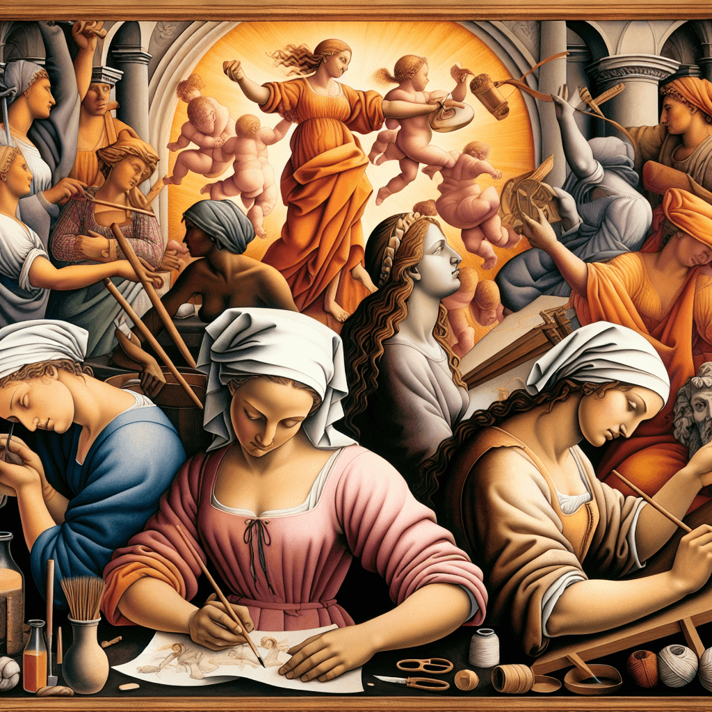 An image that signifies the strength and resilience of women in art. A vibrant and expressive scene from the Renaissance period portraying three women artists engrossed in their crafts. The women are of varied descents - one Caucasian, one Hispanic, and one Black. Each one of them is involved in their respective art forms. One of them is sculpting, another is painting, and the third one is weaving. They are surrounded by symbols of creativity and freedom, showcasing the growing influence and powerful voices of women in the art world.