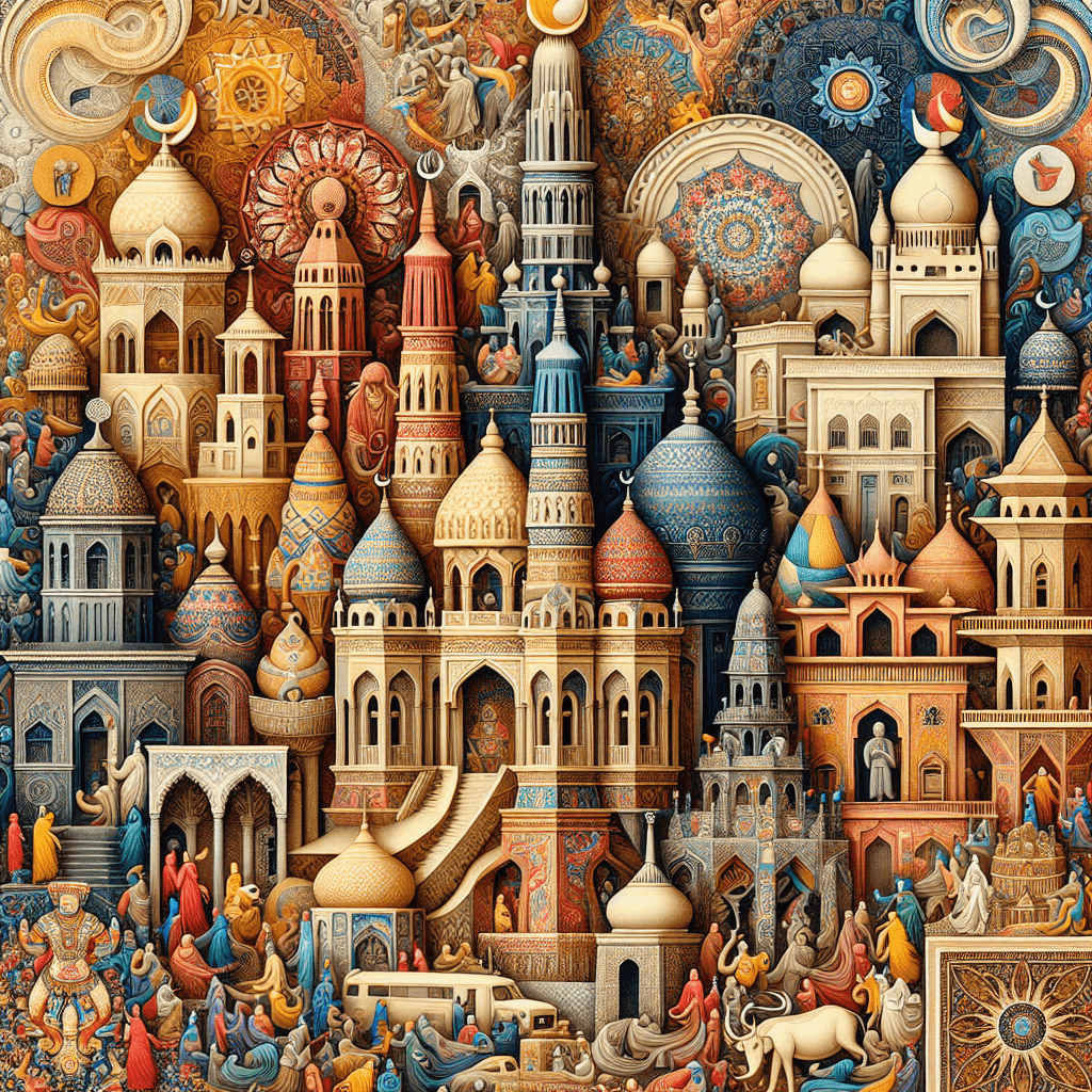 An intricate interpretation of the intersection between art and religion: Display an elegant scene of diverse artistic expressions influenced by varying faiths around the world. Imagine the beauty of a Gothic cathedral from a European Christian faith alongside the geometrically appealing patterns seen in Islamic mosques from the Middle East. Include a South Asian Hindu temple filled with mythical creatures and vibrant colors and a simplistic, yet meaningful Buddhist stupa from East Asia. Each architectural masterpiece representing the beauty inherent in each faith.