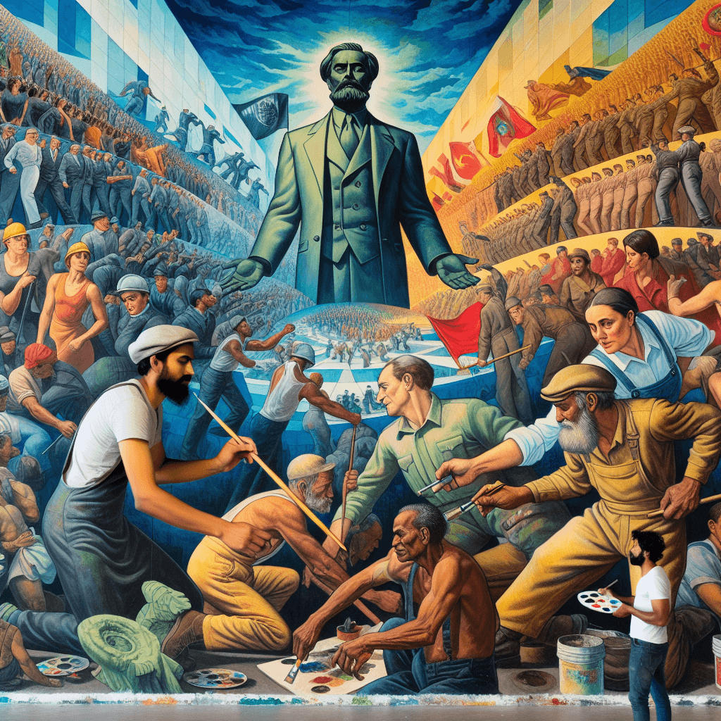 Visual representation of the conflict between aesthetics and propaganda in totalitarian regimes. A large, sweeping mural filled with vibrant colors and stark contrasts, with scenes depicting workers of various descents including Caucasian, Hispanic, Black, Middle-Eastern participants. The central piece is a larger-than-life figure cast in bronze, another symbol of propaganda. In the foreground, a male South Asian artist with a paintbrush in hand, looking contemplatively at the mural.