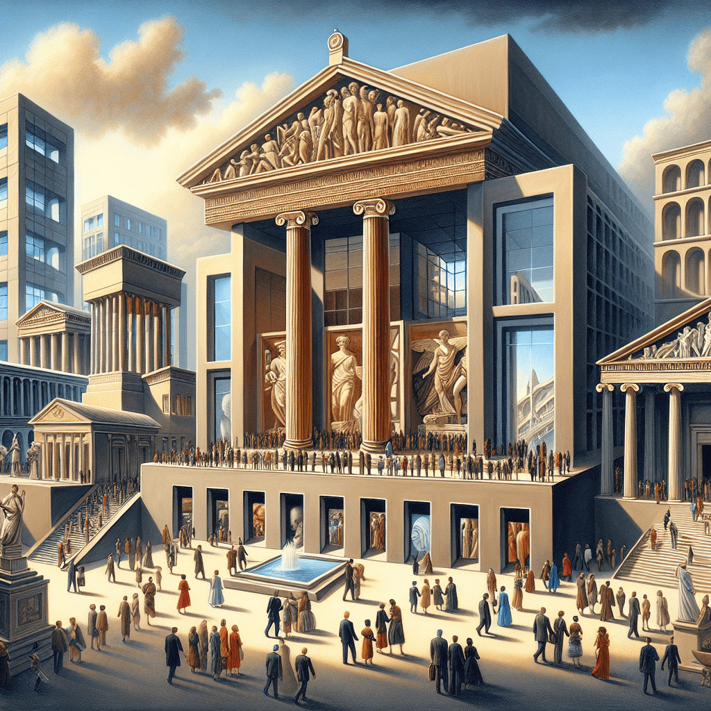 An image that depicts a grand architectural composition representing the world's most visited museums. The scene captures multiple buildings showcasing different architectural styles to signify museums from various periods and regions. The forefront is an ancient Greek temple, symbolic of the antiquity's contribution to the arts. In the middle, a Renaissance palace reflects the flourishing of arts during that era. On the back, a modern glass and steel structure signifies contemporary art. Crowd of people of different descents and genders are entering these museums, eager to discover the art inside.