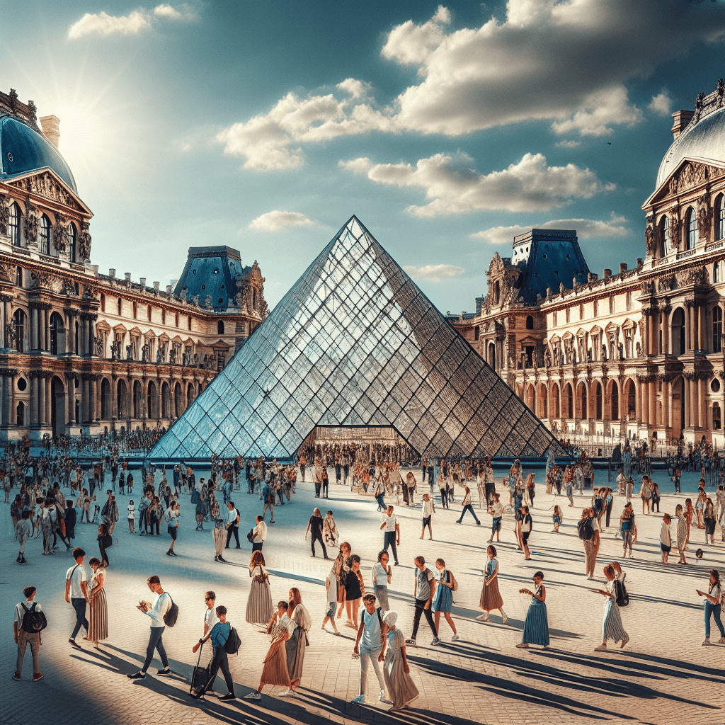 A stunning view of the Louvre Museum in Paris, France during a sunny day. The large pyramidal structure made of glass is standing in the main courtyard, surrounded by historical, exquisitely designed buildings with intricate details. Visitors from different descents like Caucasian, Middle-Eastern, Hispanic, South Asian, and Black, both males, and females are walking around, observing the architecture. Some of them are taking pictures, while others are gazing in awe. The beautiful blue sky's reflection is visible on the glass structure, adding a magnificent touch.