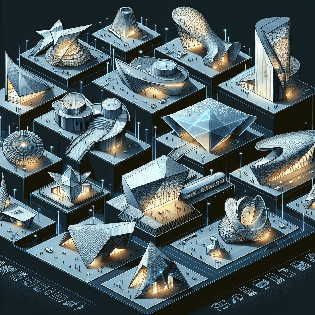 A detailed and comprehensive visual guide to the Top 10 most innovative museums of the 21st century. The depiction should showcase the modern architecture of these museums with futuristic designs, eye-catching geometric shapes, and use of unconventional materials. Each museum building should be distinctive, reflecting its unique characteristics and innovative nature. Add a touch of creativity with glowing neon light elements suggestive of innovation and advancement. Make sure to create a diverse range of architectural designs to represent various museums around the world.