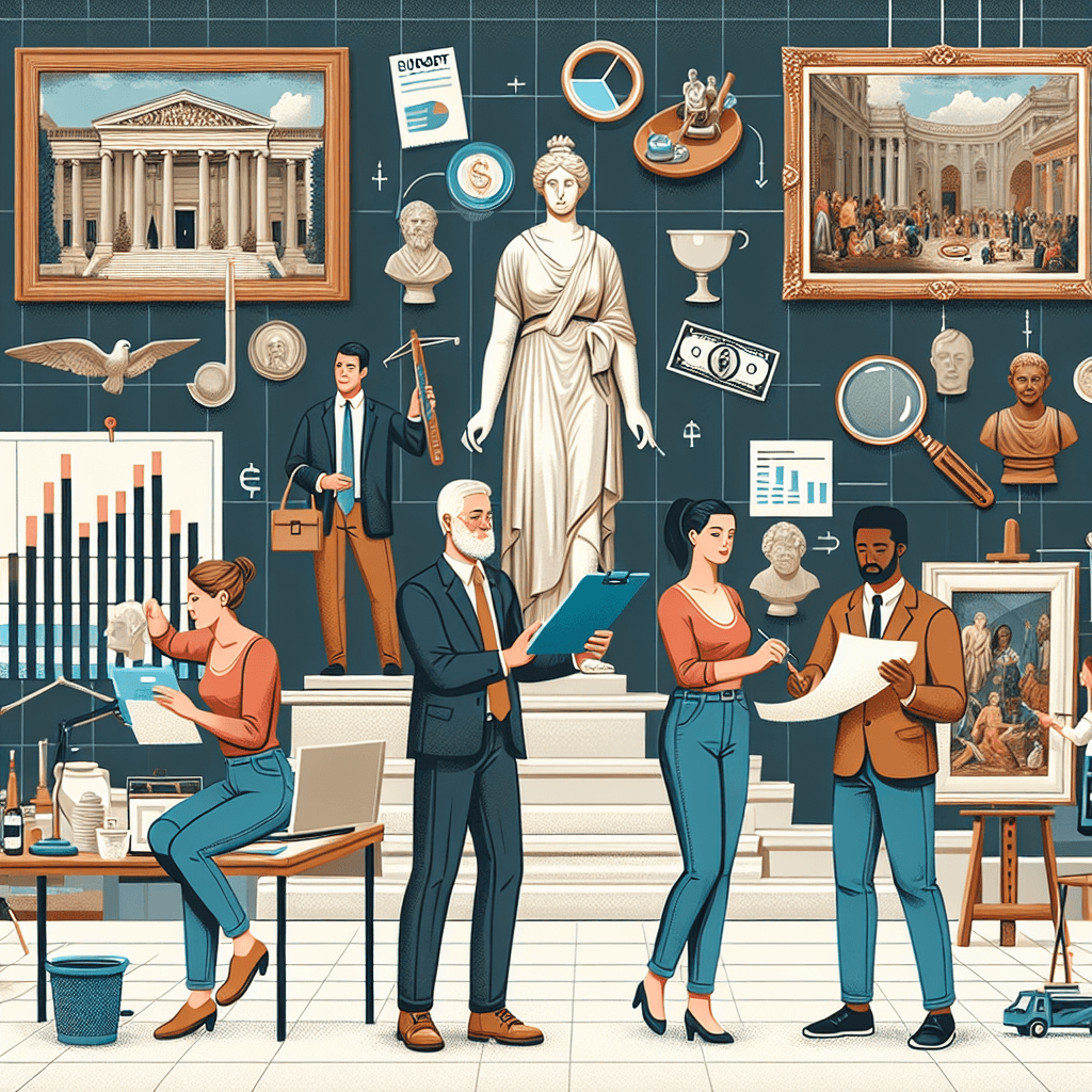 A detailed image featuring the financial management of a museum with focuses on budgeting, staffing, and restoration work. In this image, there should be a group of diverse museum staff including a Caucasian male curator examining an antique, a Hispanic female accountant working on budget documents, a Black male restorer in the process of maintaining an artwork, and a Middle-Eastern female tour guide explaining an exhibit. Also, elements like charts, dollar notes, historical artifacts, and maintenance tools should be included to represent the financial and restoration aspects of museum management.
