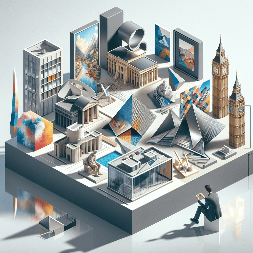 Create a captivating image representing the essence of contemporary art museums in Europe. The focus is on different styles of architecture that reflect the diversity and creativity of each region. Notable aspects could include sleek modern façades or unusual geometrical designs. Also, represent diverse collection pieces, such as abstract sculptures or vibrant canvas paintings. An individual could be in the scene, appreciating the art, showcasing the interrelation between the museum and its audience. The architecture, the pieces of art and the person should blend together to form a harmonious composition.