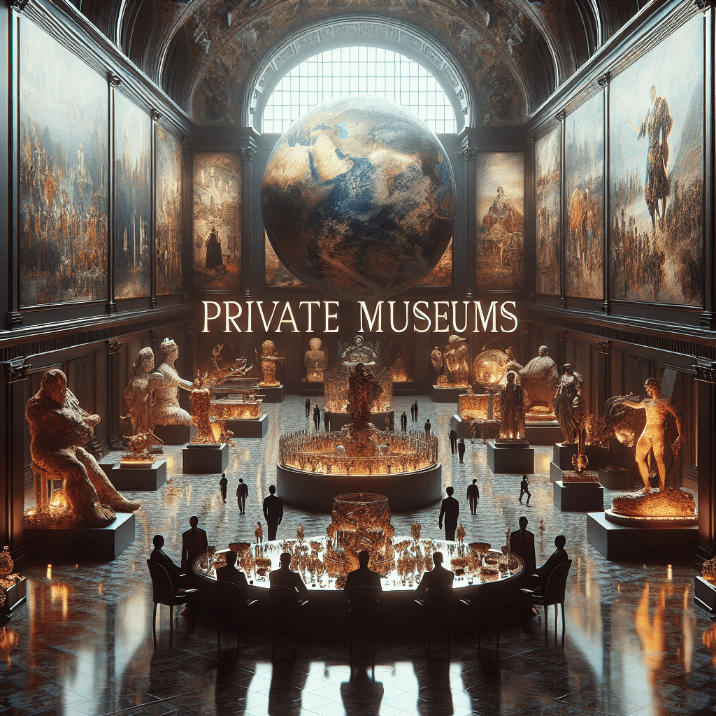 An image reflecting the fascinating theme of global treasures housed inside private museums. This aesthetic should encapsulation the rich variety and magnificence of the world's history and cultural heritage, preserved in such private institutions. The image should involve diverse artifacts, antiquities, paintings, sculptures all tastefully displayed within a sophisticated and grand architectural setting. The image could further hint the patronage culture related to these museums illustrating wealthy patrons perhaps depicted as silhouettes, observing the diverse range of exhibits.