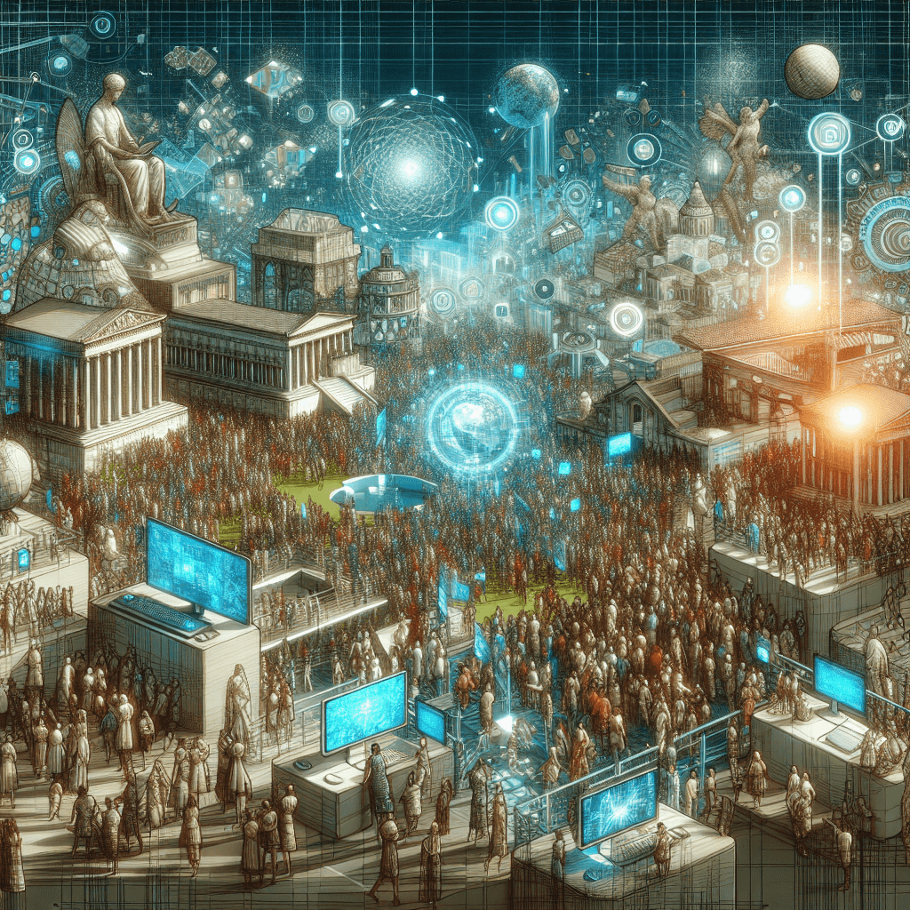 An intricately designed image that captures the essence of 'Virtual Museums: Innovation and Growth in the Digital Era'. This should showcase a modern and innovative digital landscape populated by a wide array of virtual art pieces from various historical periods. Accessible digital interfaces, virtual reality headsets, and holographic displays are featured prominently, embodying the opportunity for knowledge and culture dissemination in this digital era. The scene is busy with diverse crowd of virtual visitors, both young and old of various descents, engaging with this cultural wealth.