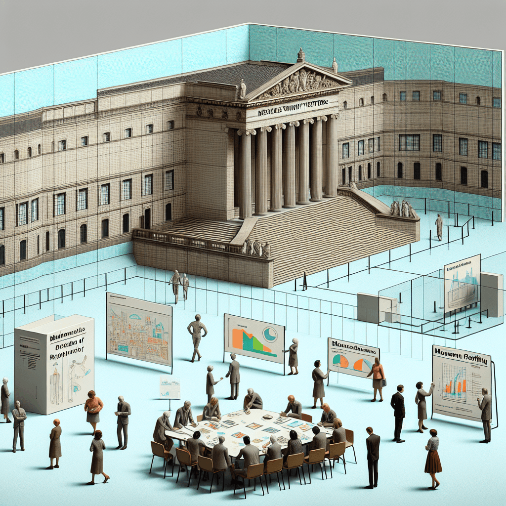 A representation of a large, classic museum with a distinct architecture is envisaged. The museum is devoid of visitors, adding an eerie silence to the space. In contrast to the empty halls and exhibition rooms, the museum staff, which is diverse in terms of gender and descent, appears brainstorming together in one corner. Visible are charts, figures, and diagrams indicating their plan of rejuvenation of the museum. The scene is intended to encapsulate 'museums without visitors: crisis and strategies for recovery'.