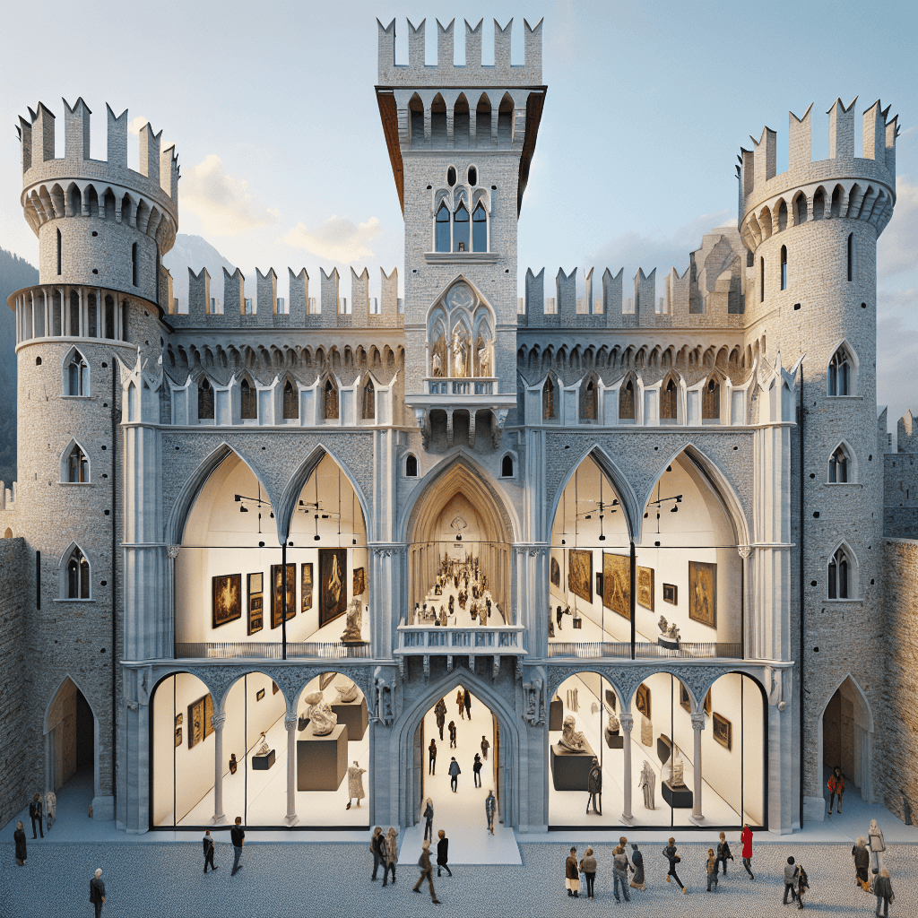 A beautifully designed Italian castle transformed into an art museum. The exterior reflects the medival architectural style, complete with tall towers, heavy masonry walls, and pointed arched windows. The conversion into a museum is subtle but present, with modern signage out front and large, clear glass doors for entry. Inside, the rooms are filled with various artworks, from statues to large-scale paintings, all lit by carefully positioned spotlights. The people visiting the museum are of diverse descents like Black, Middle-Eastern, and South Asian, and gender balances with both male and female.