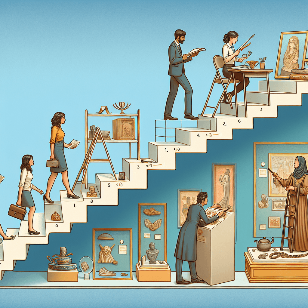 A detailed image representing the path to becoming a museum director. Depict a ladder with various steps showing the various stages of progression in the career. On the first rung, there could be a young South Asian female student studying arts or history. The middle rung shows a Middle-Eastern male curator showcasing items in a museum. At the top rung, include a Caucasian woman in a role of a museum director, fully engaged in managing and organizing exhibits. Convey the idea of advancement and decision-making in the field of museum administration.