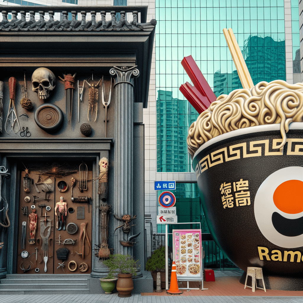 An intriguing and artistic depiction of entrance facades of two peculiar museums. One museum displays an ominous aura representing the theme of torture from the bygone era with various torture devices displayed outside. The other museum has a playful and vibrant atmosphere to represent the theme of Ramen, with a giant replica of a bowl of ramen with noodles and chopsticks on the outside. Both museums are located side by side, signifying the bizarre diversity of world museums within a serene cityscape.