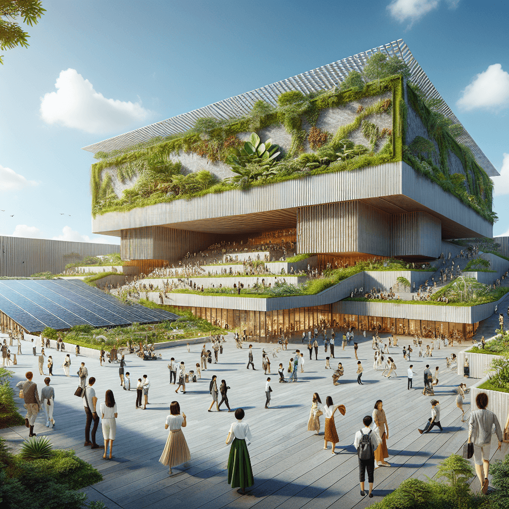 An architectural masterpiece that is a fusion of exquisite design and environmental sustainability. Picture a museum building composed of recycled and responsible materials; the building's exterior walls covered with lush greenery accentuating the impression of being one with nature. On the rooftop, a vast solar panel system harnesses the sun's energy, representing a future powered by renewable sources. Around the environment, people of various descents, genders, clad in casual attire are mingling, absorbed in deep conversation and appreciating the seamless amalgamation of nature and architecture.