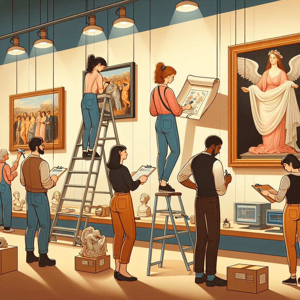 A behind-the-scenes view of a museum. The artwork in various stages of being installed on the walls, draped with protective coverings, and being scrutinized under bright lights. Four museum staff members of different descents such as Black, Caucasian, Asian and Hispanic and diverse genders are hard at work. One is climbing a ladder to hang a painting, another is carefully polishing a sculpture, a third is cataloging artifacts on a computer, and the fourth is consulting notes in a clipboard.