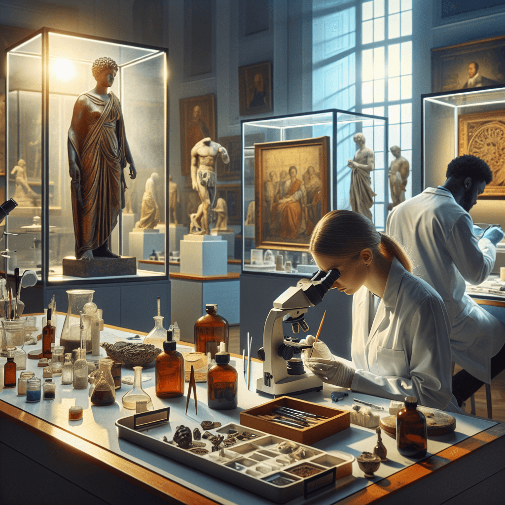 A meticulous scene in a museum restoration laboratory. Equipment used for restoration technologies such as microscopes, brushes, and chemical trays are scattered across the well-lit workspace. A Caucasian woman, in a white lab coat, carefully restoring a tarnished ancient bronze statue. Nearby, a Black man examines a cracked painting under a bright light, further away, a Middle-Eastern professional dusts off a delicate ceramic. The fascination and charm behind the glass where meticulously restored works of art reside, waiting to awe museum visitors, can also be seen in the background of this serene workshop where art comes back to life.