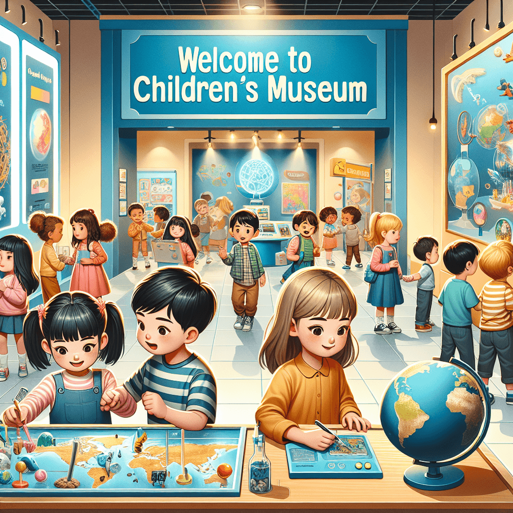 An educational and interactive children's museum setting. The image showcases various engaging learning exhibits. Some children, with an Asian girl and a Caucasian boy, actively participating in a hands-on science exploration activity. In another corner, a Hispanic boy is engrossed in an interactive world geography display. The environment is vibrant and enticing, stimulating curiosity and learning in young visitors. A sign at the entrance welcomes visitors to the 'Children's Museum', hinting at an exploratory and fun experience for the young learners.