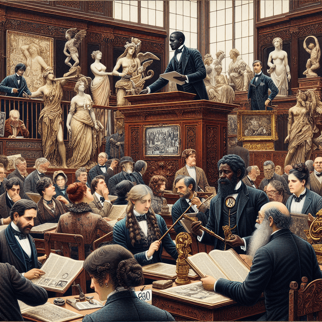 An intricately detailed image of an nineteenth century auction room. Inside, we can see enthusiastic art collectors of various descents, including Caucasian, Black, Hispanic, and South Asian. There are two women, one Caucasian and one South Asian, in the midst of an intense bidding war. The Hispanic man is examining a piece of art closely with a magnifying glass. A Black auctioneer stands on the podium conducting the auction with a gavel in his hand. There are vintage artworks, ranging from classic sculptures to Renaissance paintings, displayed everywhere, waiting to be the subject of future deals and negotiations.