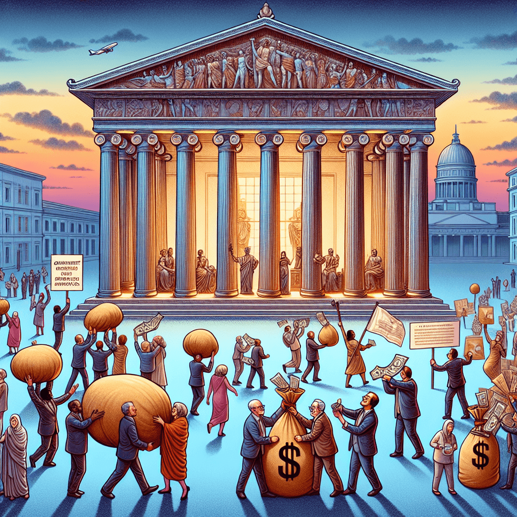 An elaborate illustration depicting the concept of museum financing. Picture a classical Greek-style museum with imposing columns, set against an evening skyline. There are figures representing different racial backgrounds like Caucasian, Hispanic, and South Asian, handing over sizable donations, depicted as bags of gold and valuable artefact replicas. In the background, other people are putting up banners indicating government funding and grants. The overall atmosphere is of joyous contribution towards preserving culture and history.