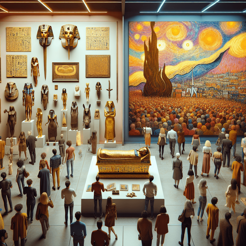 An image displaying a packed art exhibition with various artifacts and artworks. On one side, showcase a theme of Ancient Egypt complete with items such as a golden sarcophagus, hieroglyphics, and ancient artifacts representative of the Pharaoh Tutankhamon era. On the other side, portray an array of vibrant impressionistic paintings with bold brush strokes and emotive lighting, reminiscent of the style and technique of Van Gogh in the late 19th century. Naturally, a split crowd of diverse people, both men and women of various descents such as Caucasian, Hispanic, Black, and Asian, are appreciating these displays.
