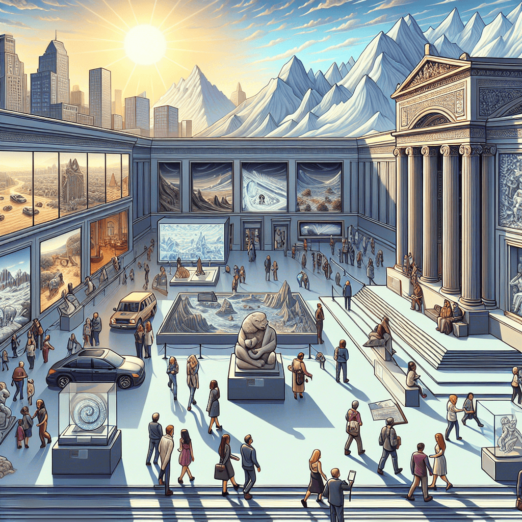 Depict an intricate scene for a museum oriented article. Visualize a grand museum building with architecturally interesting features, nestled in a city landscape. Inside the museum, show a diverse group of visitors including Caucasian, Hispanic, and South Asian men and women, observing various exhibits with attentive care. To hint at the danger, subtly portray a near-miss incident such as a visitor tripping over a gallery rope or a precariously balanced artifact on a plinth. Simultaneously, imply the breathtaking range of climates housed within the museum, going from a desert exhibit showing a blazing sun to a frozen arctic scene with icy sculptures.
