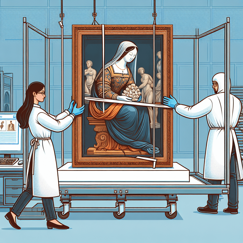 An insightful illustration of art transportation: Techniques and logistics within museums. Picture a detail-oriented scene at a museum, where a South Asian female worker dressed in protective attire is meticulously handling a large, framed classic artwork, likely from the Renaissance era. The art piece is carefully covered with a glass case, and the worker uses a white-gloved hand measurement method to ensure its safe positioning. Additionally, a White male worker is busy cataloging the art pieces on his computer system nearby to handle the logistics part.