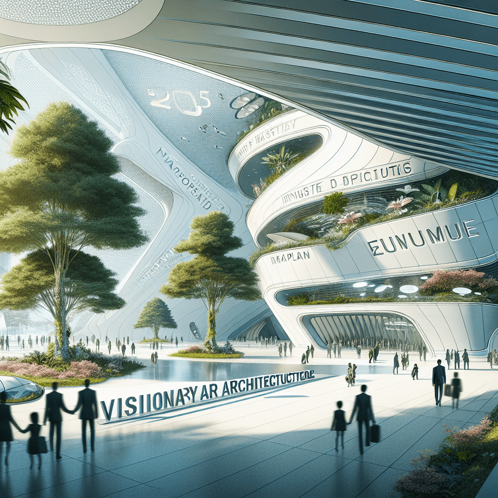 An illustrative scene showing a futuristic museum designed in a unique and modern architectural style. The year 2025 is engraved at the entrance. Visitors from diverse descents and genders can be seen exploring various exhibits in the museum. The environmental setting provides a hint of curiosity and discovery. Please focus on visionary architectural features, innovative use of materials, and integration with nature to set the stage for the future.