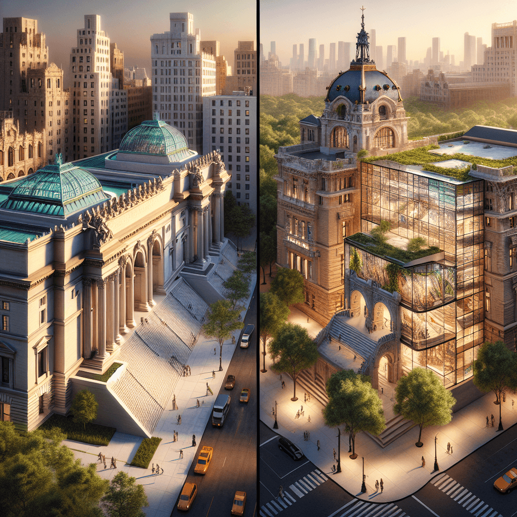 Rendering of two illustrious art museums: The Metropolitan Museum of Art (MET), an iconic neo-classical building based in New York, United States and Reina Sofia, a former hospital turned into an avant-garde modern art hub in Madrid, Spain. Both buildings are nestled within urban settings, framed by lush trees and pedestrian walkways. The edifices are bathed in the warm glow of sunset, their architectural details captured in striking clarity. Include details such as ornate arches or grand staircases of the MET and the glass lifts or futuristic extensions of Reina Sofia.