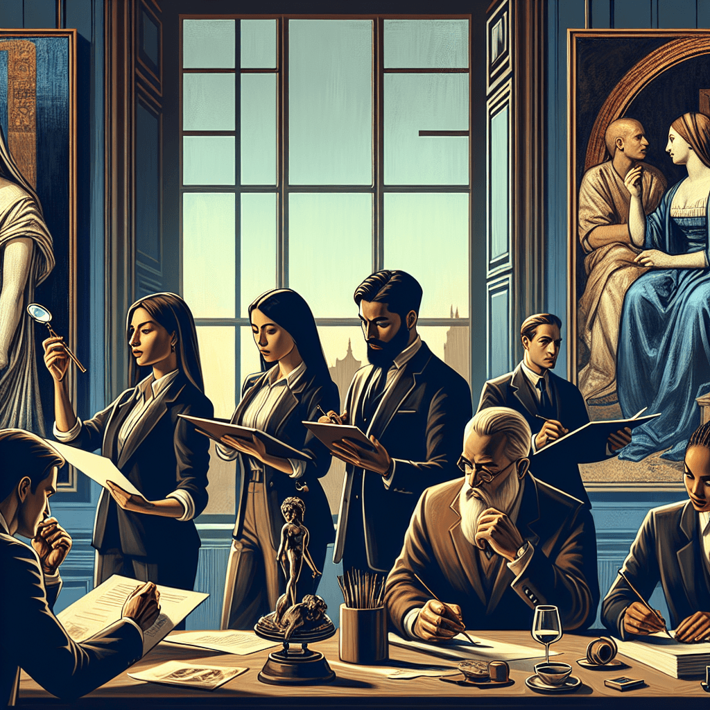 A sophisticated setting indicative of a high-profile art advisory firm. This scene includes a diverse group of professional art advisors studying, analyzing, and discussing various pieces of art. Specifically, it features a Middle-Eastern male advisor holding a magnifying glass as he carefully examines a sculpture, a Black female advisor making notes about a Renaissance-era painting, and a Caucasian male advisor engaged in a heated discussion with a South Asian female colleague about a piece of abstract art. These characters embody the 'oil painting' aesthetic common in traditional art studies.