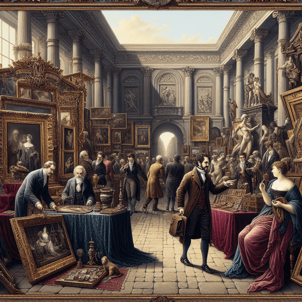 A classically inspired period piece showcasing a bustling art marketplace brimming to the edges with ornate frames, luxurious fabrics and grandiose sculptures. In the center, an art dealer is at once shrewd and charismatic, expertly negotiating a deal. This scene illustrates the timeless appeal and mystique of art dealings, paying homage to iconic art traders from the Renaissance period to the modern era. The artwork should capture the subtle Arcadian balance between commerce and culture, and highlight the pivotal role these traders play in mobilizing the world of fine arts.