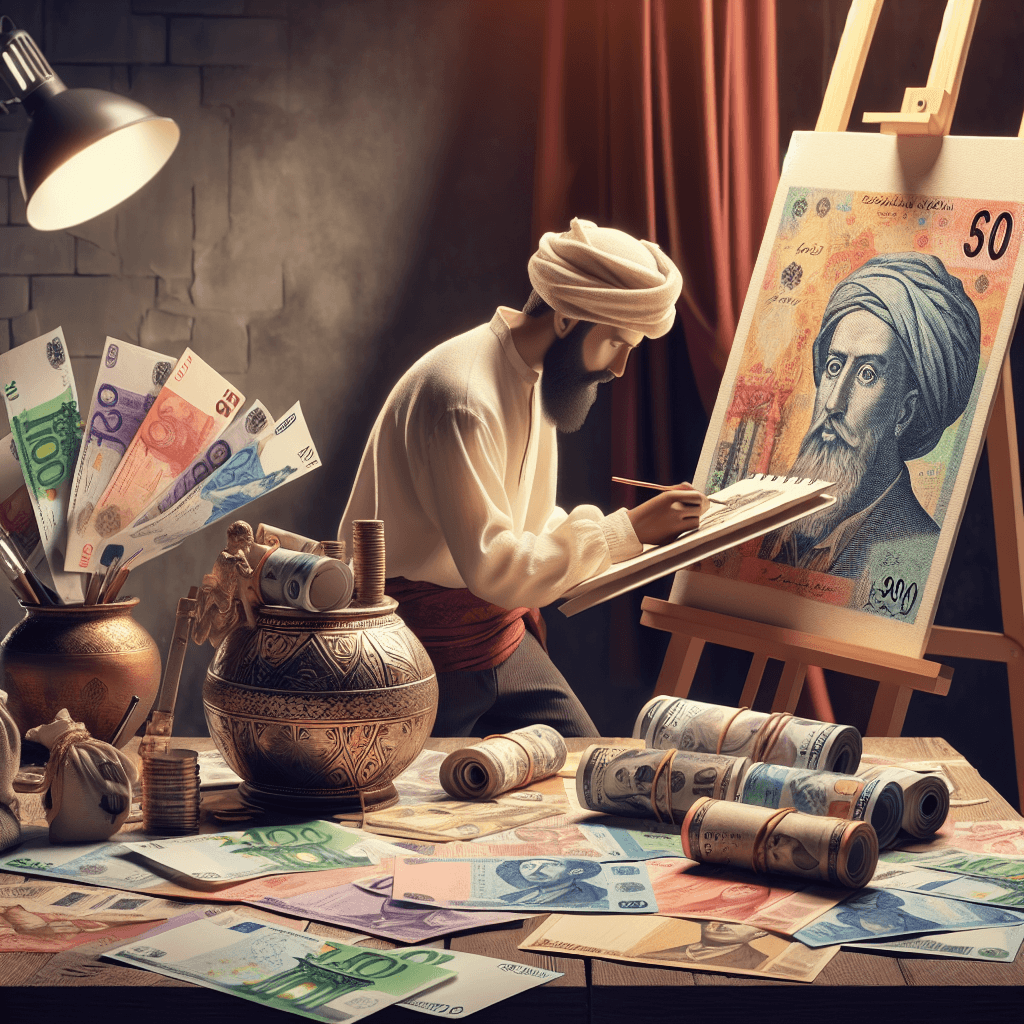A concept image depicting the financial success of famous artists. This might include a representation of an artist in traditional attire, working passionately on their artwork in a well-lit studio. The nearby tabletop is adorned with high value currency notes from various countries around the world signifying their international recognition and income. This scene paints a picture of artists' revenue dynamics and success. Do not depict any actual person or artist.
