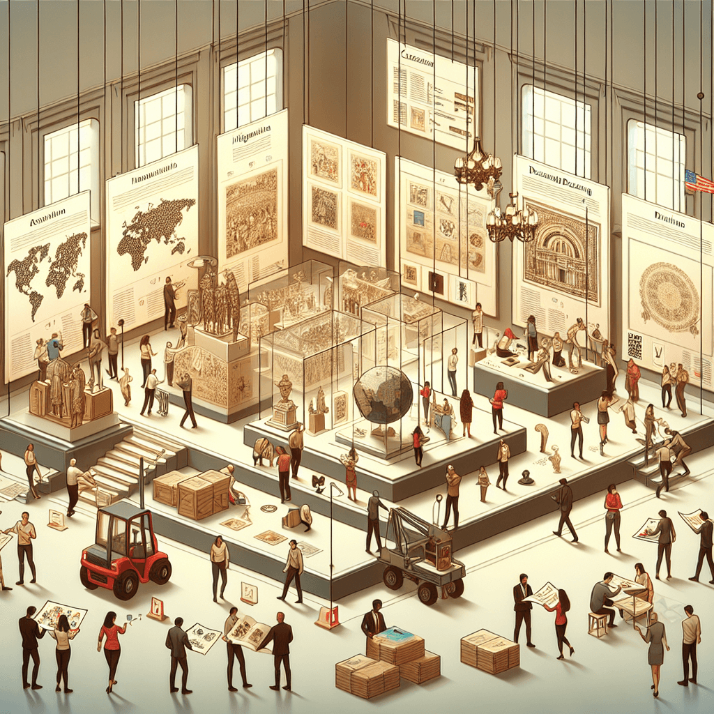 A visually detailed representation of an art museum exhibiting globally renowned artworks. To depict the logistics, include people carefully transporting and installing pieces of art in the exhibition. Make sure the people come from various descents like Caucasian, Hispanic, and Middle-Eastern, reflecting a diverse team. Also, show some of them examining an art catalog, discussing and planning, symbolizing the 'secrets' of organizing world-class art exhibitions. Incorporate elements that indicate the international nature of the event, such as flags of different countries.