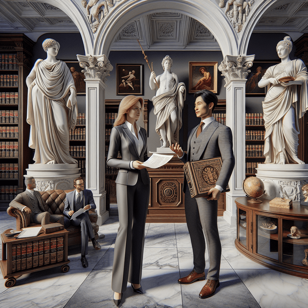 Picture the scene: a stately, marble-clad law firm with grand arched doorways and classical busts perched on pedestals. This is the setting. In the foreground, a conversation between two individuals is happening - a middle-aged Caucasian woman dressed in a sharp business suit, exuding confidence, holding a legal document in one hand; and a youthful South Asian man holding a beautifully aged tome about Renaissance art. In the background, various pieces of high-quality art - from classical sculptures to intricate oil paintings - adorn the walls, underscoring the unique intersection of law and art.