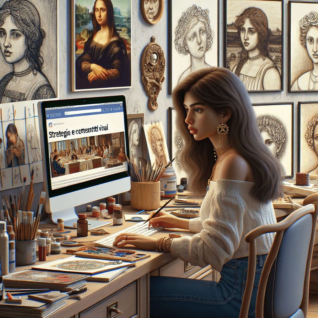 A detailed scene portrayal of an aspiring art influencer, a young Hispanic woman, intently studying some famous pre-1912 artworks. She is behind her computer in a tastefully decorated room with art supplies scattered around. Her wall is adorned with sketches inspired from Renaissance era. On her computer screen, the title of a blog named 'Strategie e Contenuti Virali' is visible, hinting at her journey on learning how to become an art influencer.